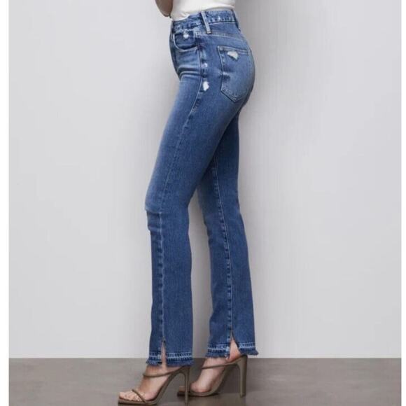 Good American Women’s Good Boy Double Slit Jeans Raw Hem Button Fly Blue Size 10 - Picture 1 of 9